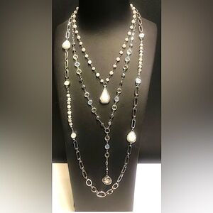 White House Black Market Silver and White Multi-Layer Necklace